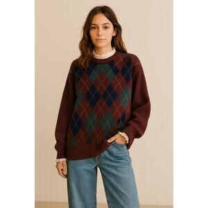 Vintage Scottish Lambswool Argyle Sweater Dark Academia Oversized Boho Fit
